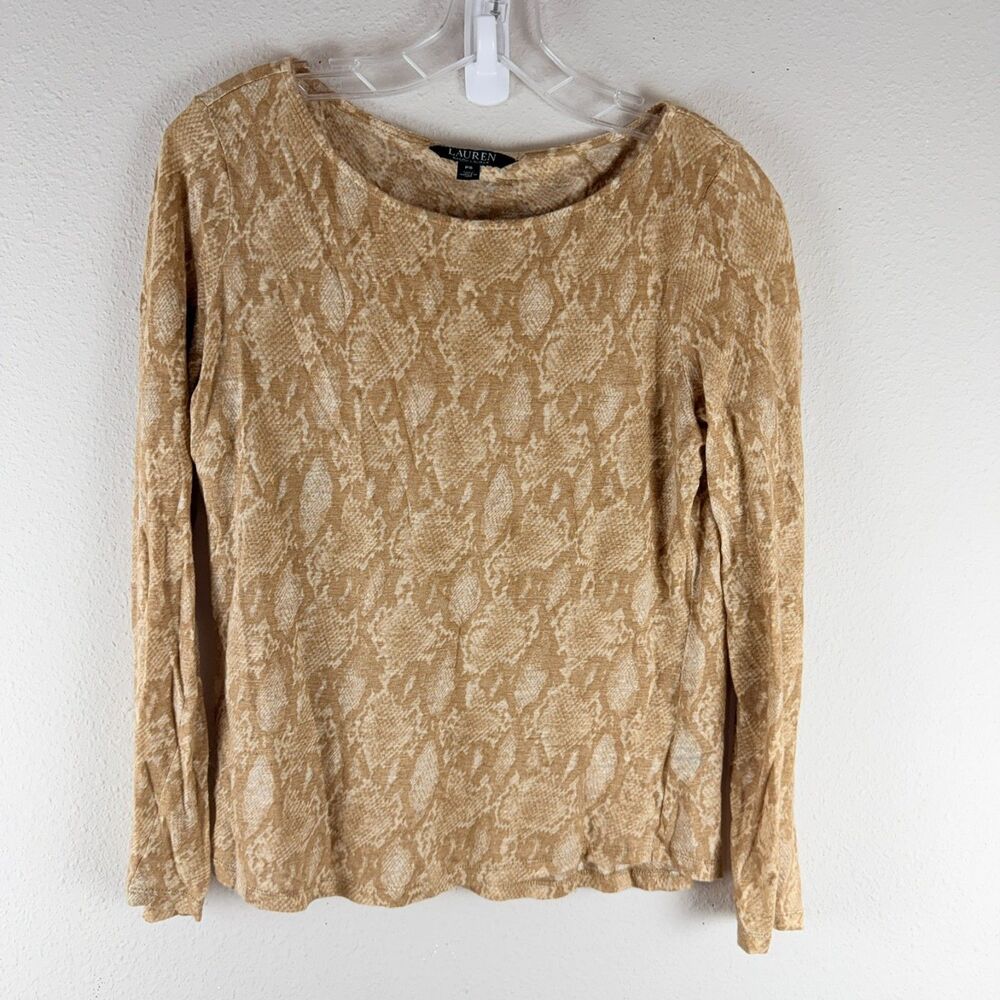 Lauren Ralph Lauren Top Linen PSmall Beige Snake Skin Print Long Sleeve Quite